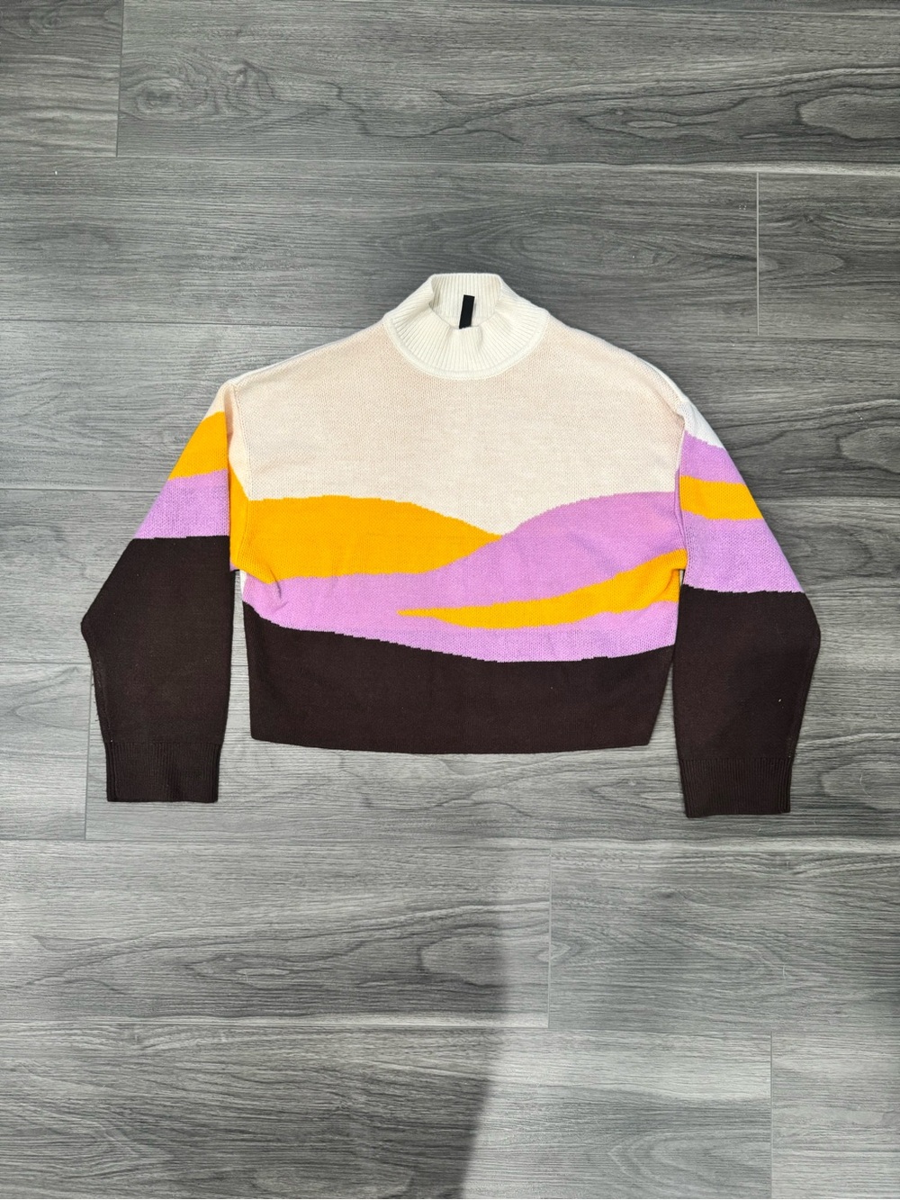 H&M Colorblock Mock Neck Sweater in Cream, Purple, Gold & Brown
